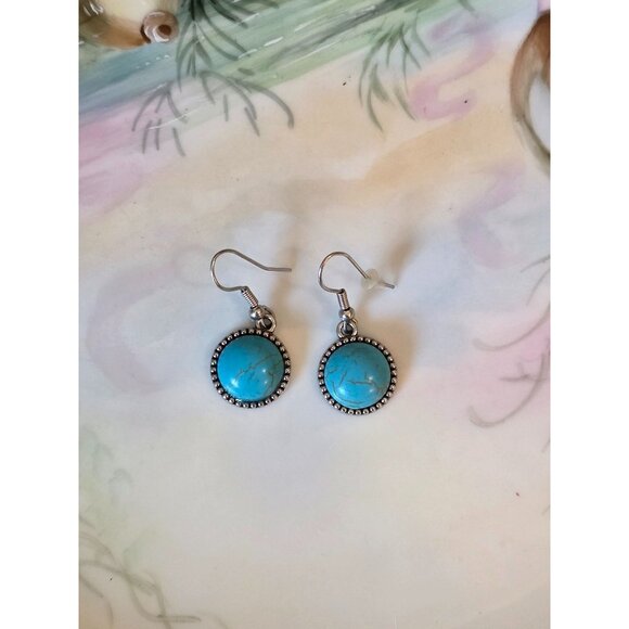 Faux Turquoise Stone Dangle Earrings With Silver Beaded Edge - Picture 1 of 3